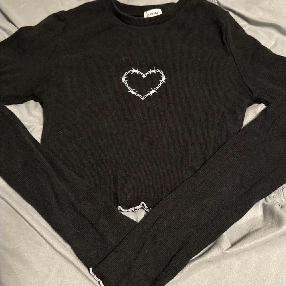 Garage Black Crop Top with Heart Embroidery
